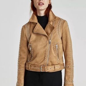 Zara studded camel moto jacket